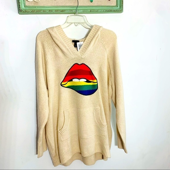torrid hooded sweater rainbow lips pullover large nwt jumper cream new - Picture 2 of 11